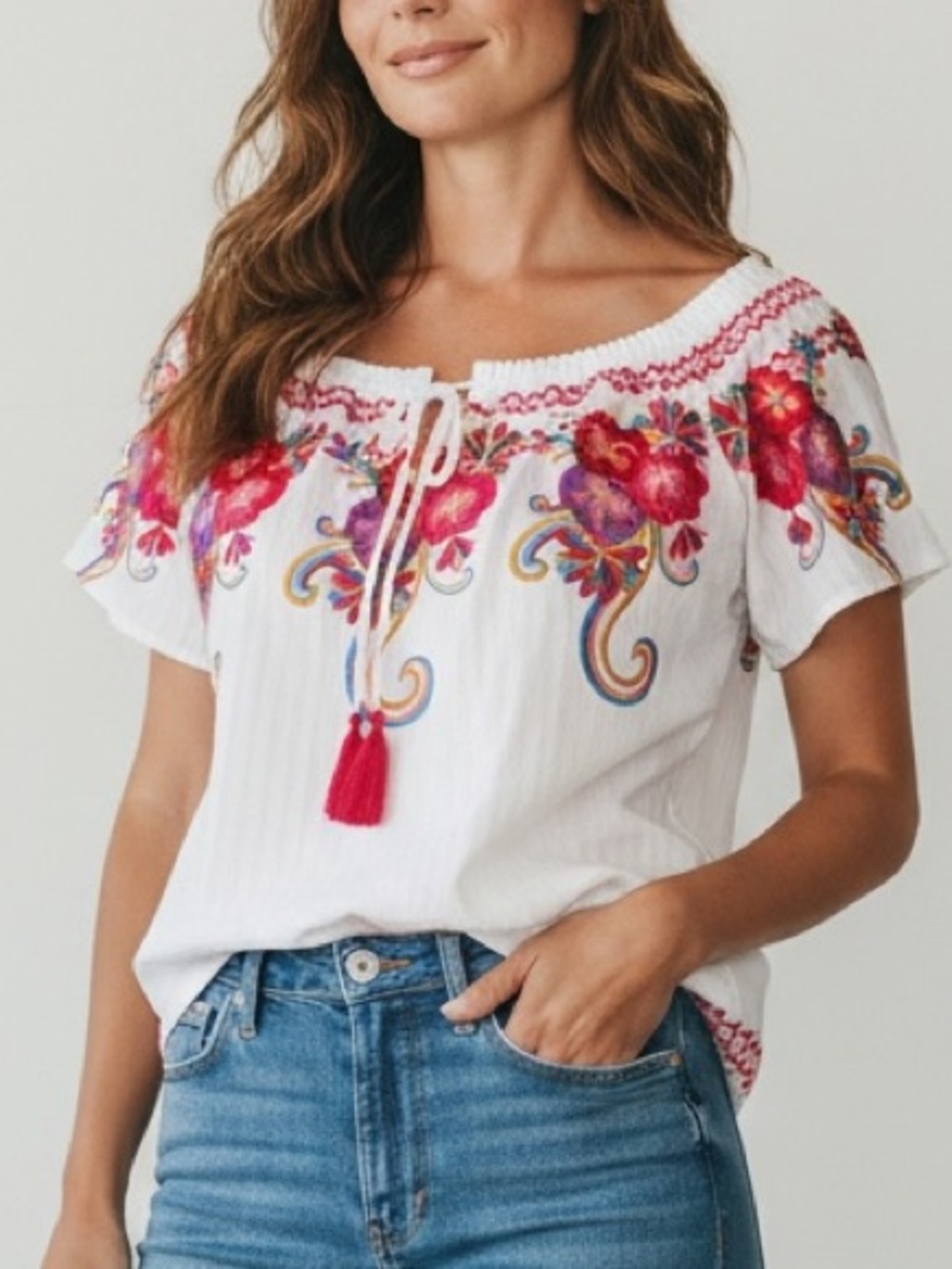 Savanna Jane Embroidered Boho Peasant Top Floral Tassel White Size S - Picture 1 of 9
